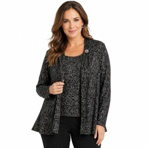 Vikki Vi 1X Vintage Twin Set Silver Shimmer Paisley Cardigan Tank Slinky USA 2pc